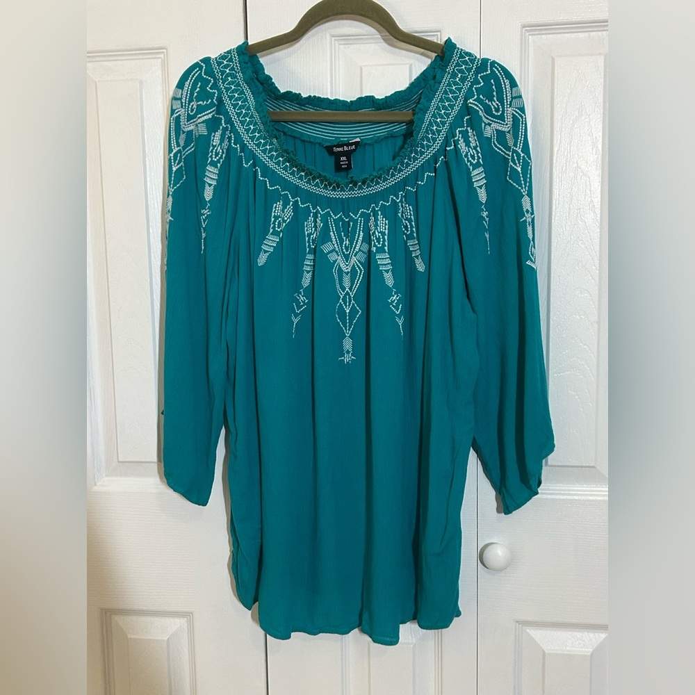 Terre Bleue Teal Embroidered Women's Top